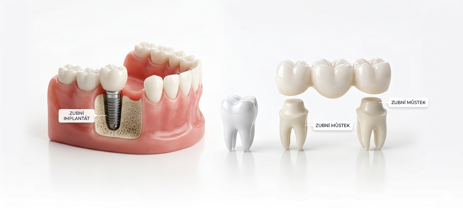 Srovnání zubního implantátu a zubního můstku